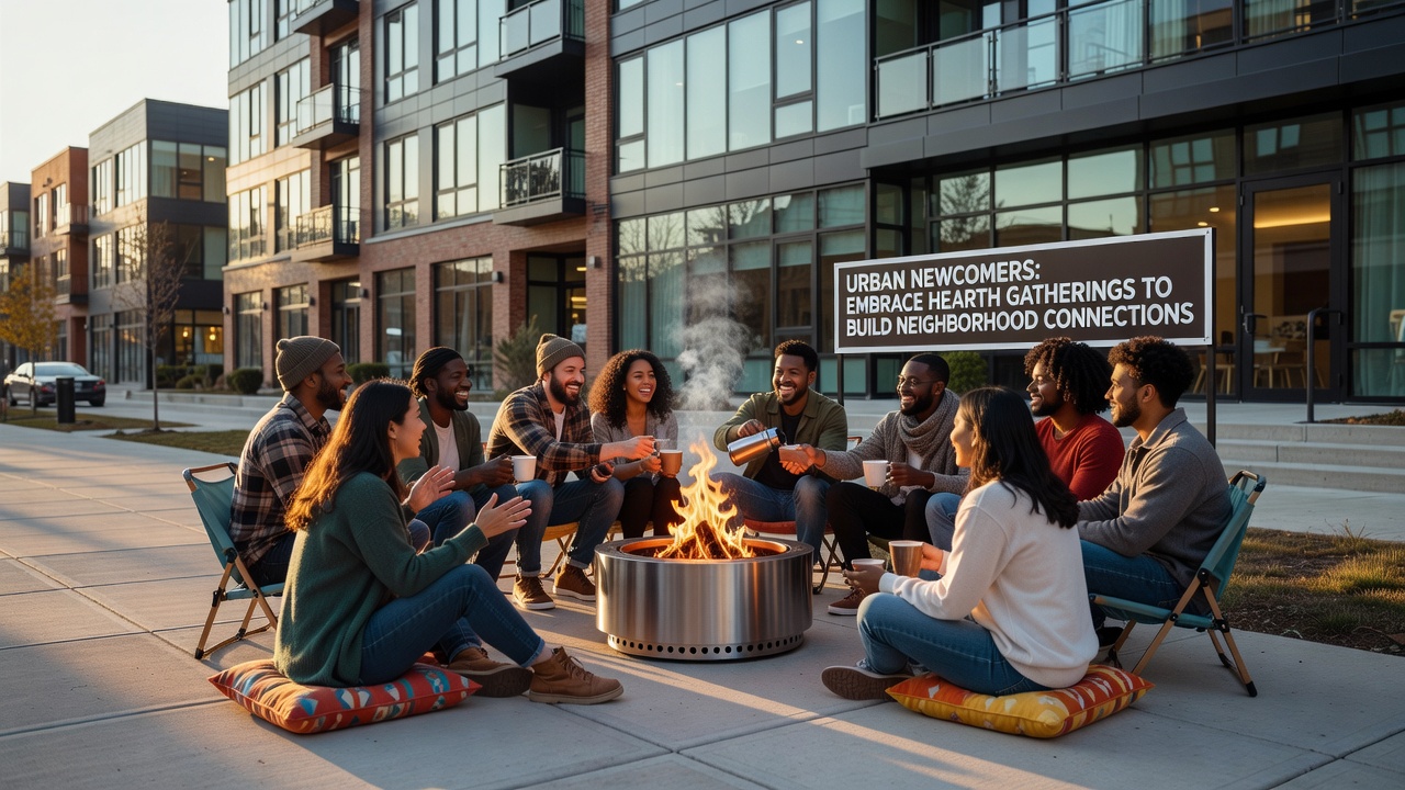 Group of city residents sharing stories and food around a hearth during a neighborhood gathering